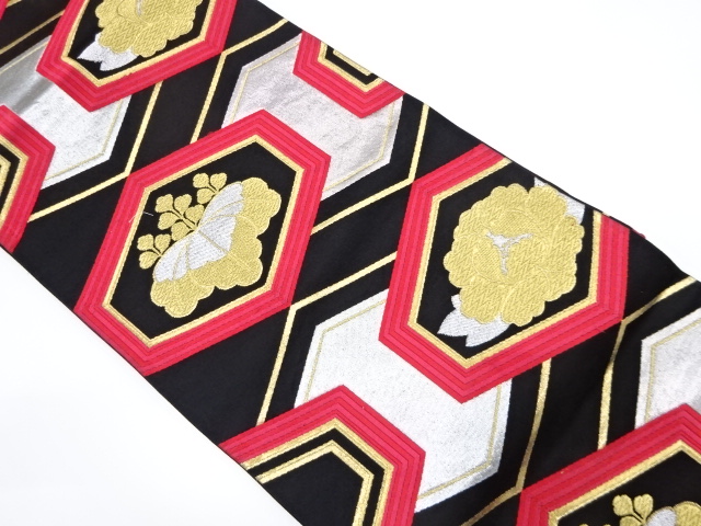 アンティーク　亀甲に牡丹・桐模様織り出し袋帯（着用可）